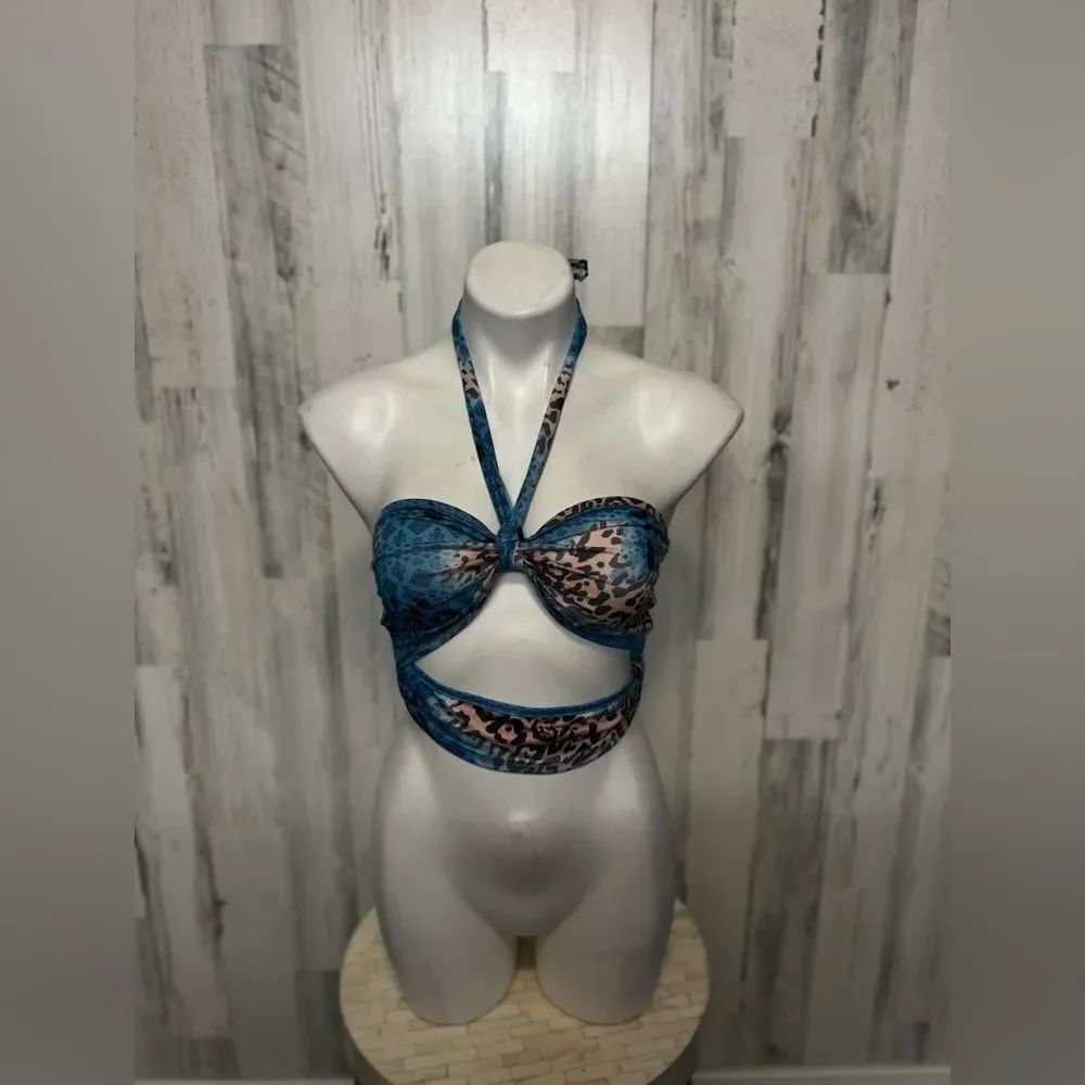 Blue Leopard Print Halter Wrap Crop Top Womens Medium Multiway Cutout Festival